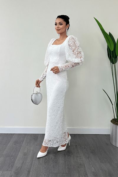 giyimmasalı Guipure Lace Fabric Balloon Sleeve Pencil Φόρεμα - ΛΕΥΚΟ