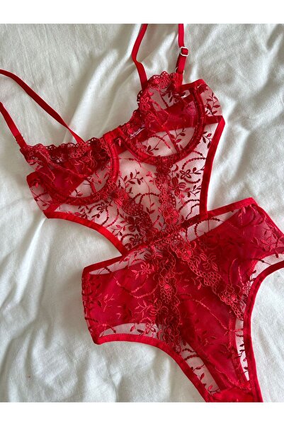 dem merys Brode Red Bodysuit Babydoll - Lingerie Set
