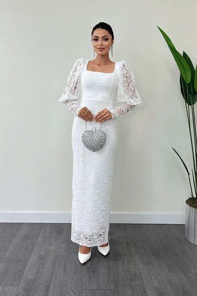 giyimmasalı Guipure Lace Fabric Balloon Sleeve Pencil Φόρεμα - ΛΕΥΚΟ