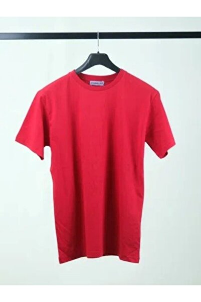 Kırmızı Bisiklet Yaka %100 Pamuk Likralı Kısa Kollu T-shirt