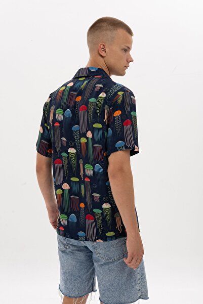 S-Ponder Jellyfish Patterned 100% Viscose Men's Shirt - Short Sleeve
