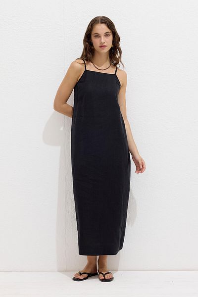 Manuka Schwarzes Leinen-Trägerkleid