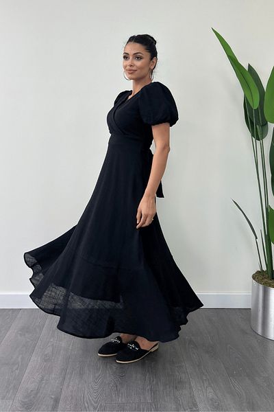 giyimmasalı Black Linen Midi Dress - Double Breasted Collar