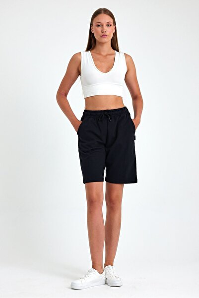 COMEOR 2'li Kadın Rahat Kesim Beli Lastikli Mevsimlik Yumuşak Kumaş Cepli Siyah-Gri Uzun Bermuda Şort