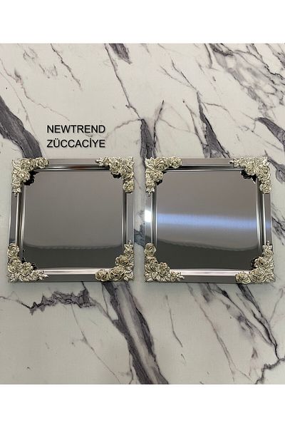 NEWTREND Züccaciye SiLver FLower Patterned 2-piece Luxury Square CoatinG Model - Tea, Coffee, Treat ServinG Presentation Tray 21x21