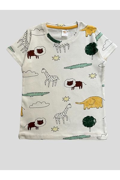 elmas kids Set de pijamale de vară cu mânecă scurtă din bumbac alb cu model Safari pentru băiat