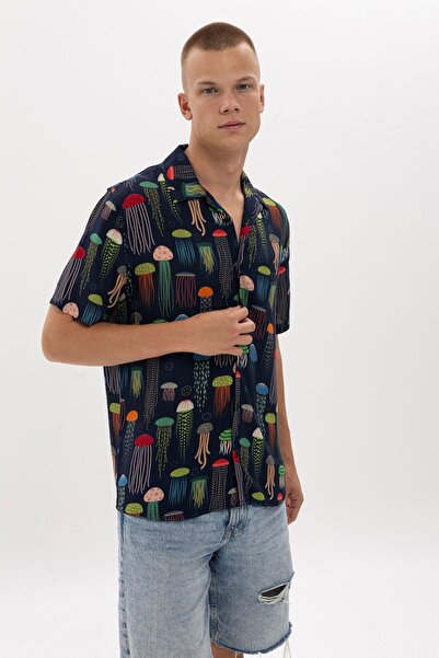 S-Ponder Jellyfish Patterned 100% Viscose Men's Shirt - Short Sleeve