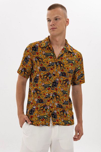 S-Ponder Men's Cat and Rose Patterned 100% Viscose Short Sleeve Shirt