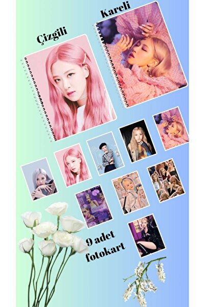 animeandyourworld rose blackpink  swift defter 2 adet  çizgili ve kareli + 9 adet fotokart seti