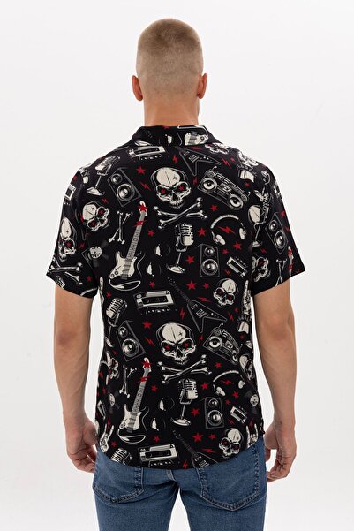 S-Ponder Men's Skull Patterned Viscose Short Sleeve Rock'N Roll Shirt
