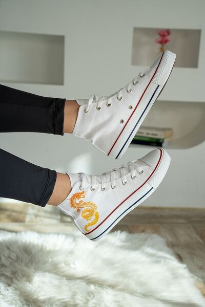 Shupe Kadın Beyaz s Sarı Baskı Boğazlı s Model Keten Sneaker