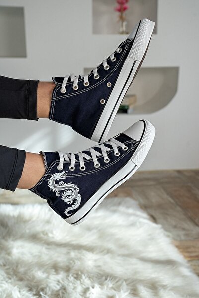 Shupe Women's Navy Blue High Top Dragon Printed High Top Model Linen Sneaker