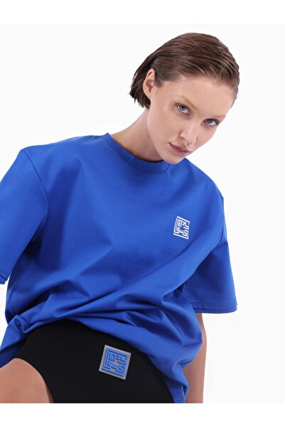 KNTLGY Mavi Unisex Oversize Bisiklet Yaka Logolu Kisa Kollu T-shirt