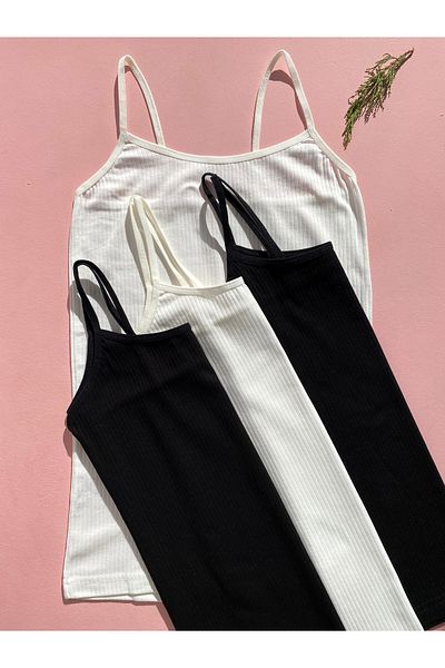 LEYNA BUTİK Corduroy, Cotton, Lycra, 4 Women's Rope Strap Ribbed Undershirt (2 BLACK - 2 ECRU)