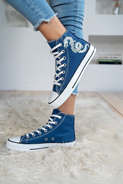 Shupe Kadın Mavi Bilekli Ejderha Baskılı Boğazlı Model Keten Sneaker