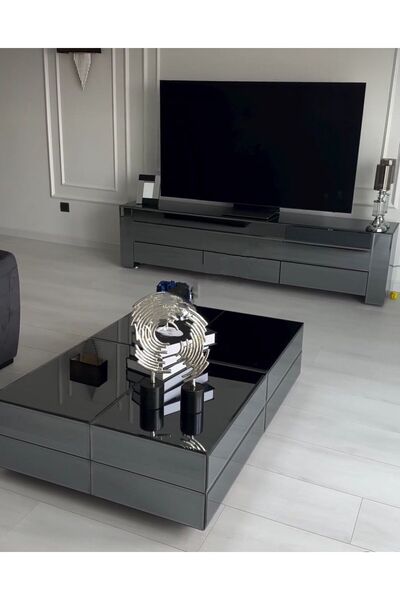 LUXURY VİLLA Luxury Füme Aynalı Tv Sehpası 160x40 Yük 50cm Orta Sehpa 70x110 ...