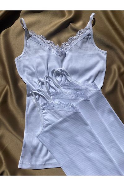LEYNA BUTİK Women's 4 Pieces White Thread Strap Cotton, Lycra, Lace, Corded Ribbed Blouse-Athlete