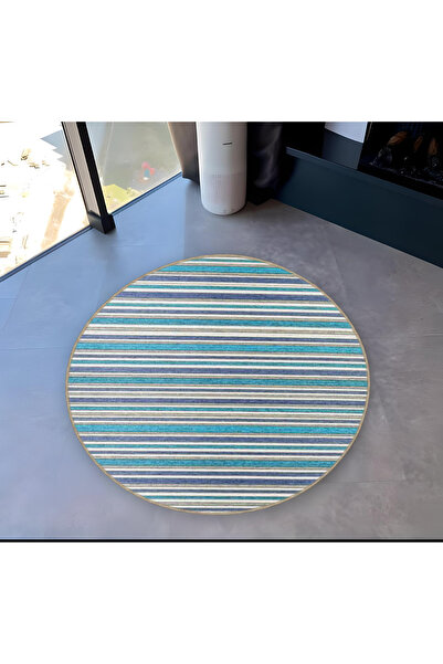 Rugs Modern Halı Mira Round Blue Green Line Detailed Woven Base Modern Decora...