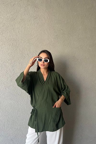 Seda Yalçın Atelier linen Kimono - KHaki Color, Printed on the Back and Tie Detail