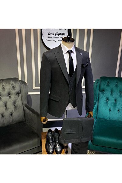 Terziayhan Καπνιστό κοστούμι Slimfit σετ κοστούμι με γιλέκο με 5 κουμπιά