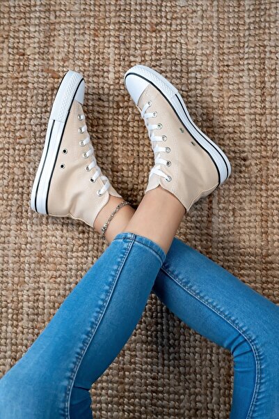 Shupe Kadın Bej Boğazlı Model Keten Sneaker