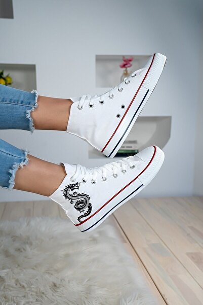 Shupe Women's White High Top Dragon Printed High Top Model Linen Sneaker