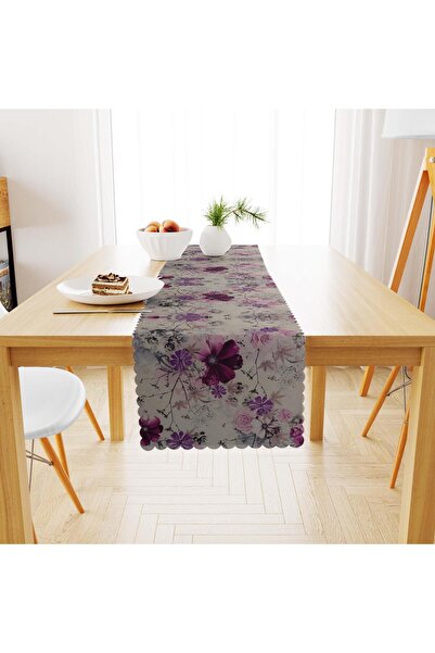 benimol Çiçek Desenli Mor Mürdüm Dijital Baskılı Süet Dokuma Runner 40x140