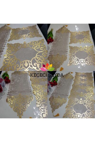 KEÇECİ ŞEYDA Runner/ranır/Kadife Vizon Gold Deri Işlemeli Salon Takımı 6 Parç...