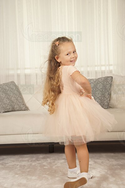 neocotton Tüllü Baskısız Düz Üst Kısım Ribana Alt Kısım Astarlı Tütü Etek Kız Çocuk Prenses Kısa Kollu Elbise