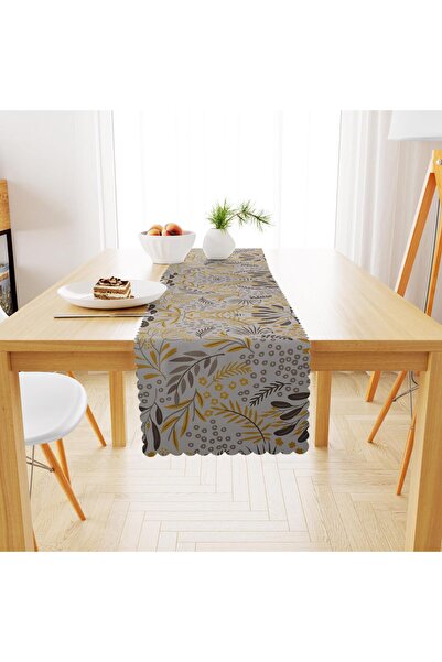 benimol Zeytin Dalı Desenli Sarı Gri Dijital Baskılı Petek Dokuma Runner 40x140