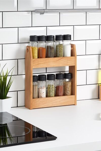woodsy Twin 10-Piece Glass Spice Jar Set |   With Beech Wood Stand |   Modern & Stylish Kitchen Organizer
