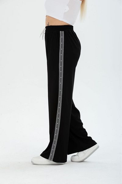 Esina Steel Fabric Wide Leg Tracksuit Trousers with Stripe Pearl Detail