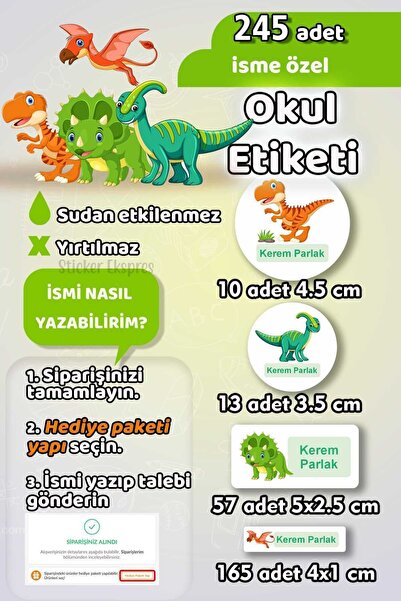 Sticker Ekspres Okul Etiketi Dinozor Kalem Defter Etiketi 245 Adet Dinazor İs...