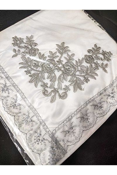 Çt Çeyizci Tekstil Бродирана френска връзка, пакет от сатенена луксозна зестра, пакет за годеж - кремава сатенена сребърна дантела
