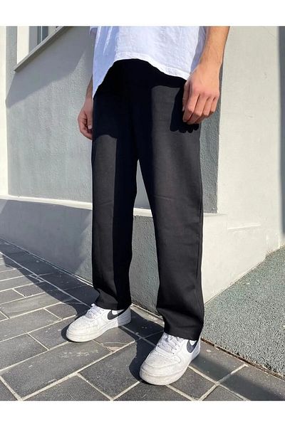 FUNSTYLE Μαύρο καλοκαιρινό παντελόνι μεγάλου μεγέθους - 2 νήματα, φαρδύ πόδι