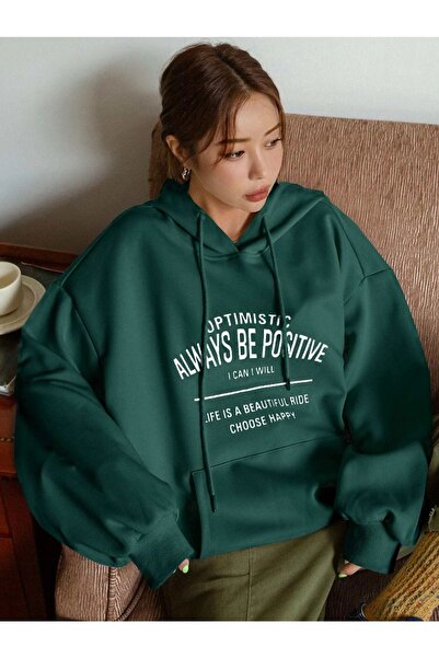 Benisengiydir Dámská oversize mikina s kapucí v zelené barvě Comfort s potiskem