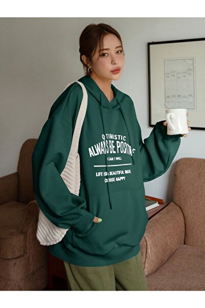 Benisengiydir Dámská oversize mikina s kapucí v zelené barvě Comfort s potiskem