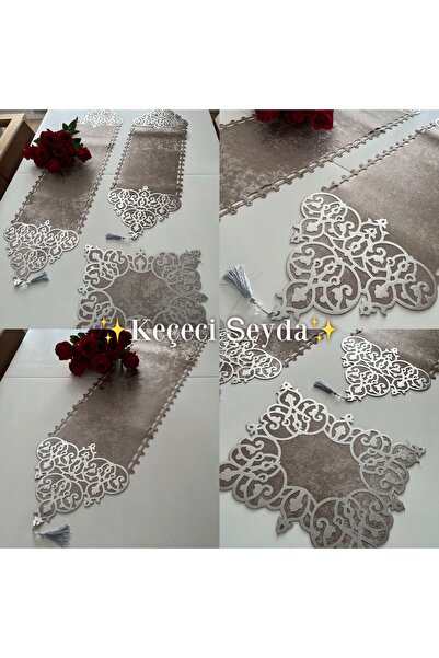 KEÇECİ ŞEYDA Runner/ranır/VİZON Kadife Gümüş Deri Işlemeli Salon Takımı 6 Par...