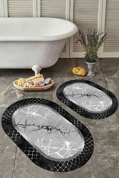 YTR HOME Αντιολισθητική βάση, πλενόμενη σκόνη, ανθεκτική σε λεκέδες, σετ 2 τεμαχίων, οβάλ χαλάκι μπάνιου