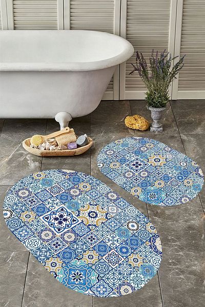 YTR HOME Αντιολισθητική βάση, πλενόμενη σκόνη, ανθεκτική σε λεκέδες, σετ 2 τεμαχίων, οβάλ χαλάκι μπάνιου