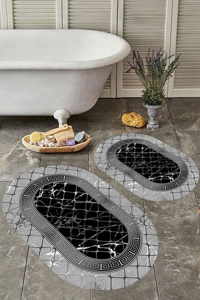 YTR HOME Αντιολισθητική βάση, πλενόμενη σκόνη, ανθεκτική σε λεκέδες, σετ 2 τεμαχίων, οβάλ χαλάκι μπάνιου