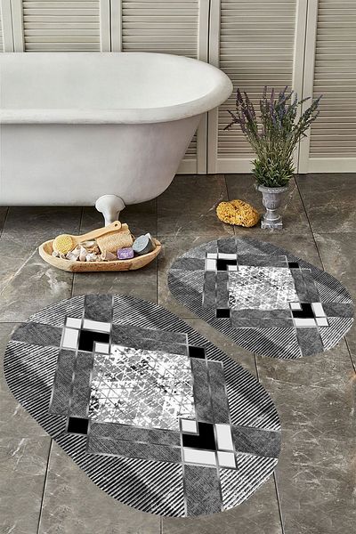 YTR HOME Αντιολισθητική βάση, πλενόμενη σκόνη, ανθεκτική σε λεκέδες, σετ 2 τεμαχίων, οβάλ χαλάκι μπάνιου