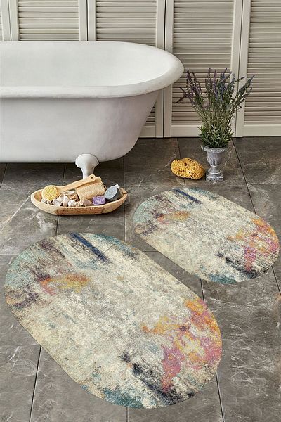 YTR HOME Αντιολισθητική βάση, πλενόμενη σκόνη, ανθεκτική σε λεκέδες, σετ 2 τεμαχίων, οβάλ χαλάκι μπάνιου