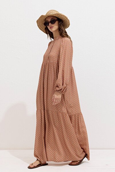 Manuka Floral Orange Viscose Balloon Sleeve Dress