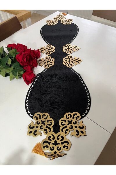 KEÇECİ ŞEYDA Runner/ranır/SİYAH Kadife GOLD Deri Salon Takımı 9 adet (masa,ko...