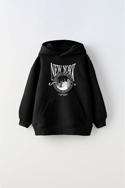 The Champ Clothing Черен унисекс детски суичър с качулка с полар отвътре New York Text Printed