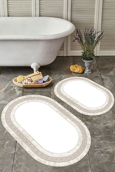 YTR HOME Αντιολισθητική βάση, πλενόμενη σκόνη, ανθεκτική σε λεκέδες, σετ 2 τεμαχίων, οβάλ χαλάκι μπάνιου