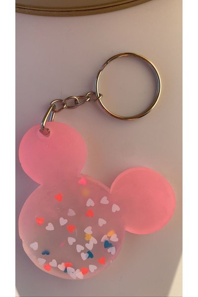MISS GOLDEN Mickey Mouse Pink Color Glittery Heart Sequin Keychain with Silver Accessories Handmade Epoxy
