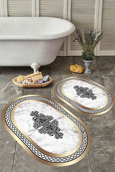 YTR HOME Αντιολισθητική βάση, πλενόμενη σκόνη, ανθεκτική σε λεκέδες, σετ 2 τεμαχίων, οβάλ χαλάκι μπάνιου
