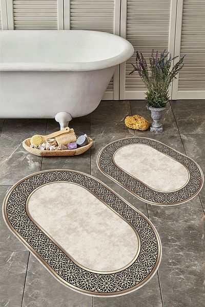 YTR HOME Αντιολισθητική βάση, πλενόμενη σκόνη, ανθεκτική σε λεκέδες, σετ 2 τεμαχίων, οβάλ χαλάκι μπάνιου